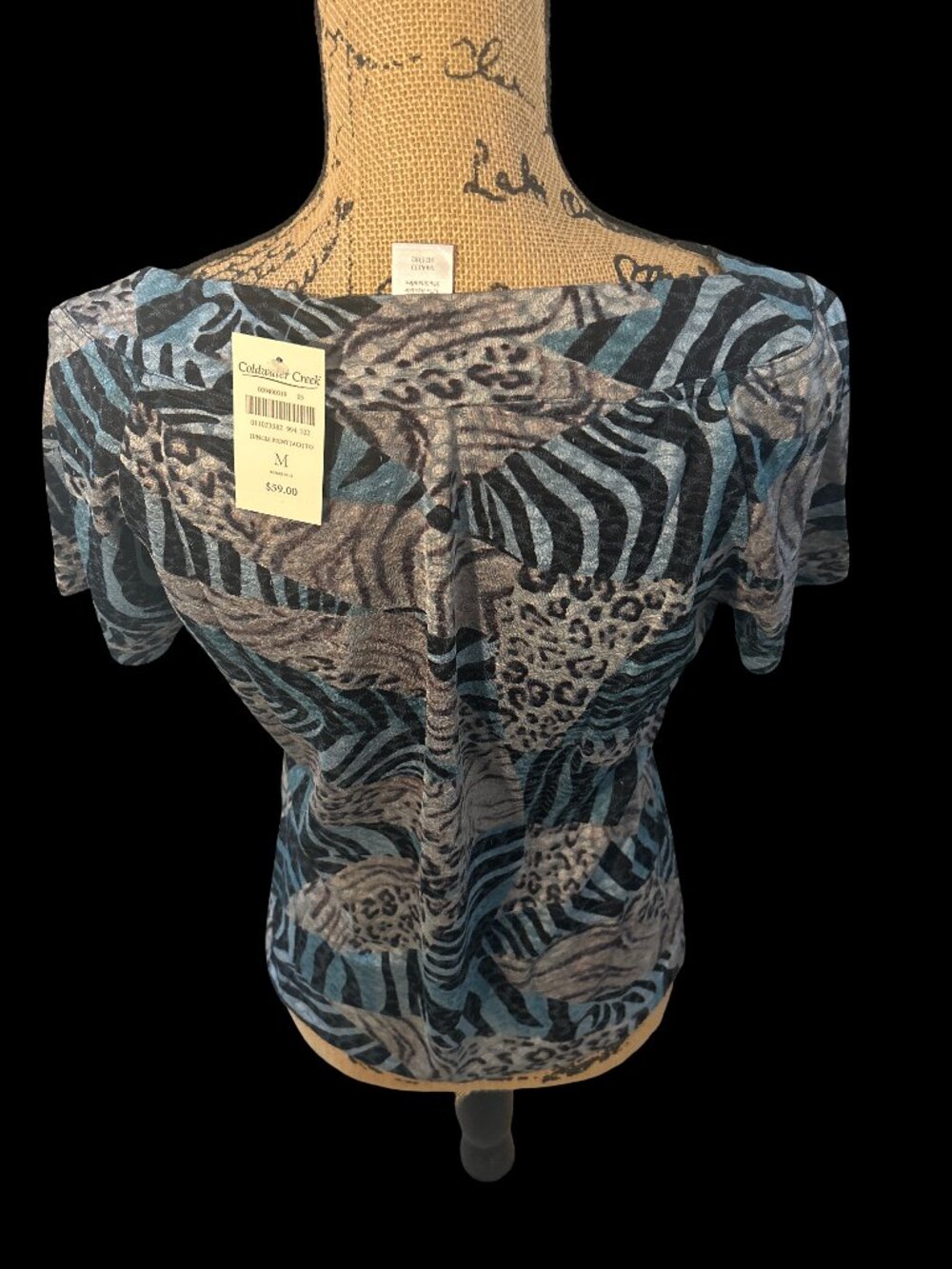 Rare VTG Coldwater Creek Medium Blue Tiger Leopard Jungle Print Jacquard Top